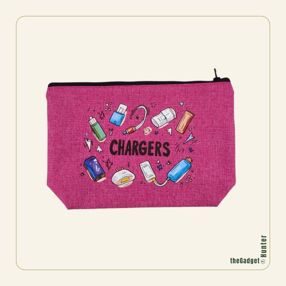 Travel Organizer Pouch – Pink Charger Bag with Zipper